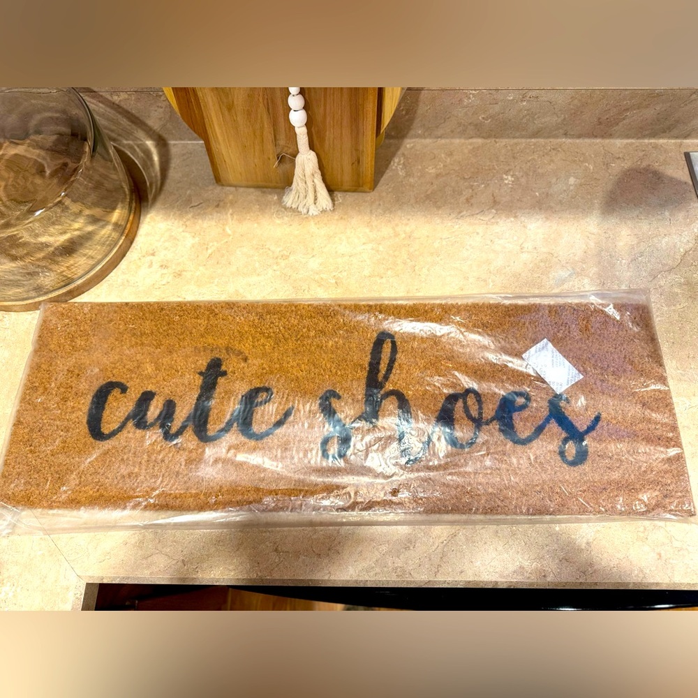 NWT!! Boutique Elegant Brown and Black Script Door Mat. “ Cute Shoes”